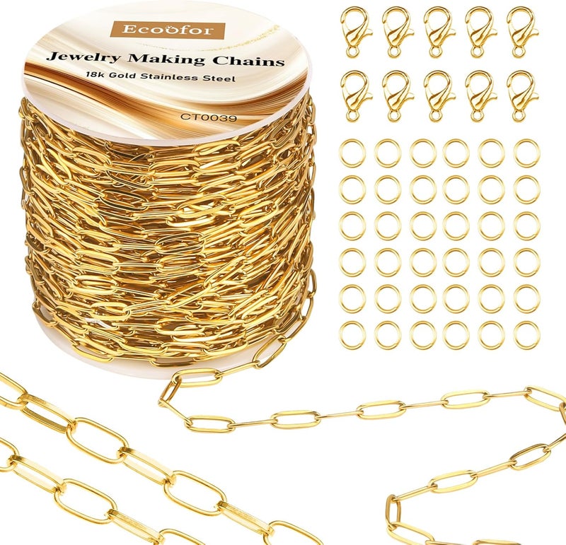 Ecoofor 33 Ft 18k Gold Stainless Steel Paperclip Chains Roll - 3mm Width, Gold Plated Chain with Jump Rings & Lobster Clasps - Image 1